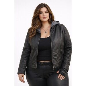 Maralyn & Me Women Vegan Leather Moto Jacket 2X Black Hooded Baddie Grunge Biker